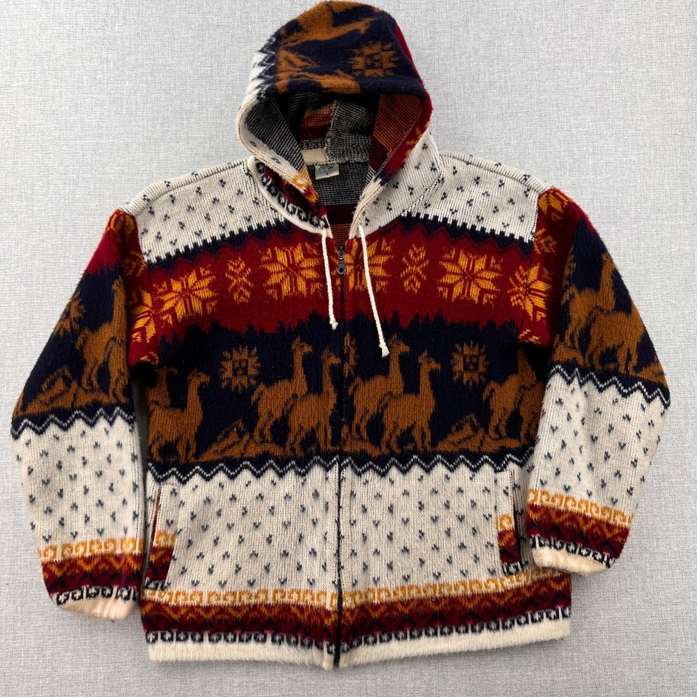 VTG Y2K Yari Artesanias Wool Llama Hooded Sweater Jacket Women S Ecuador Fuzzy‎